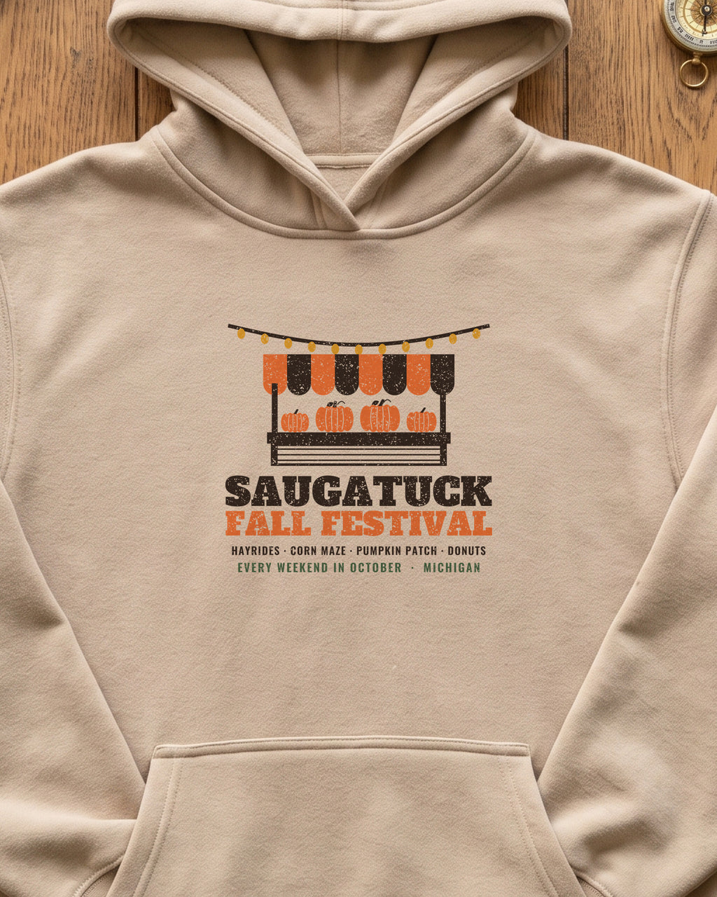 Saugatuck Michigan Fall Festival Farm Stand Hoodie (close-up)