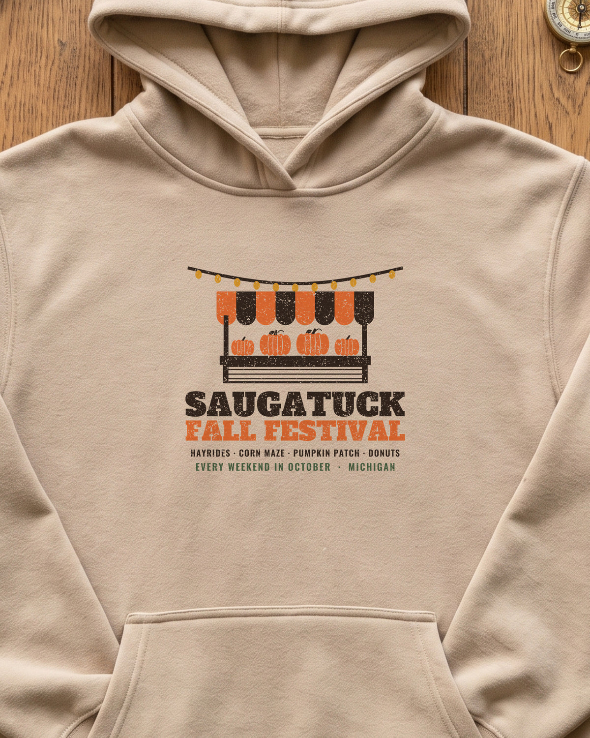 Saugatuck Michigan Fall Festival Farm Stand Hoodie (close-up)