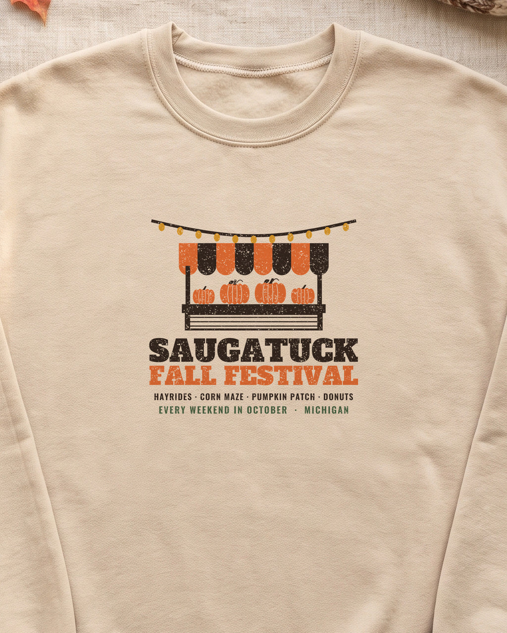 Saugatuck Michigan Fall Festival Farm Stand Crewneck Sweatshirt (close-up)