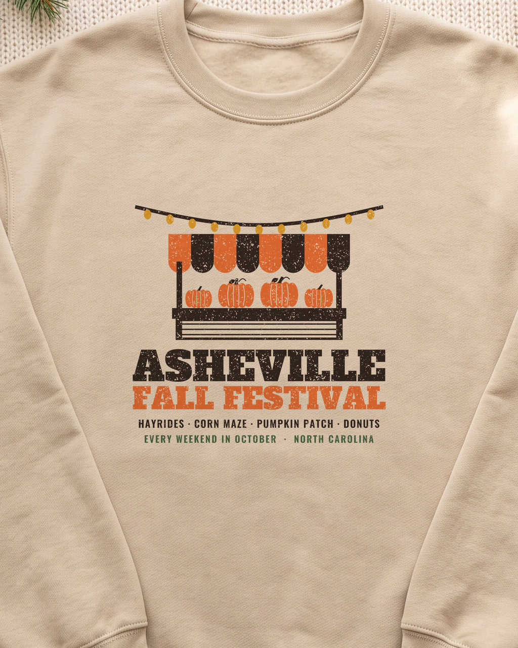 Asheville North Carolina Fall Festival Farm Stand Crewneck Sweatshirt (close-up)
