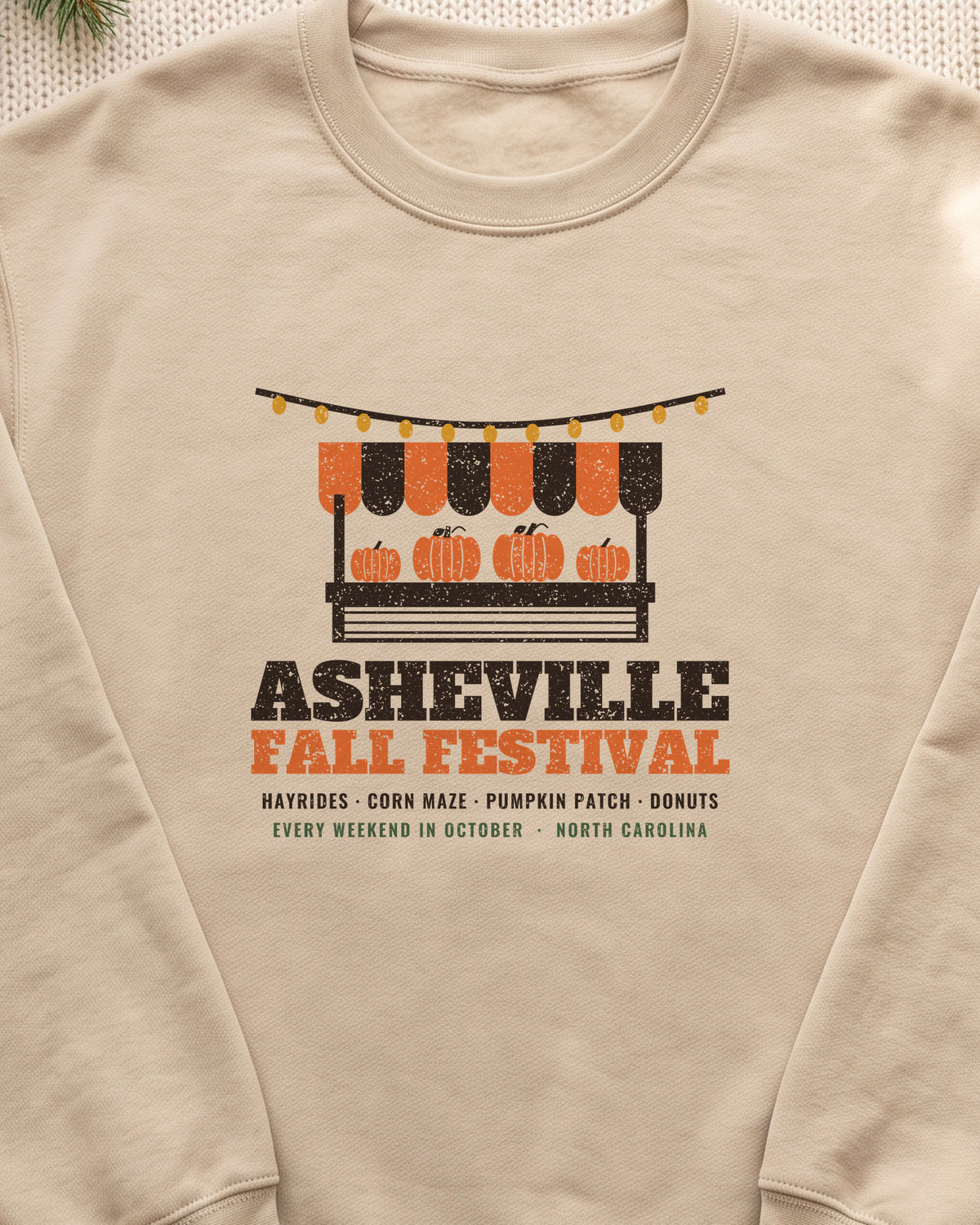 Asheville North Carolina Fall Festival Farm Stand Crewneck Sweatshirt (close-up)