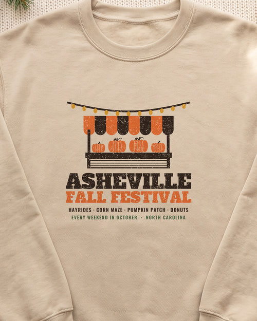 Asheville North Carolina Fall Festival Farm Stand Crewneck Sweatshirt (close-up)