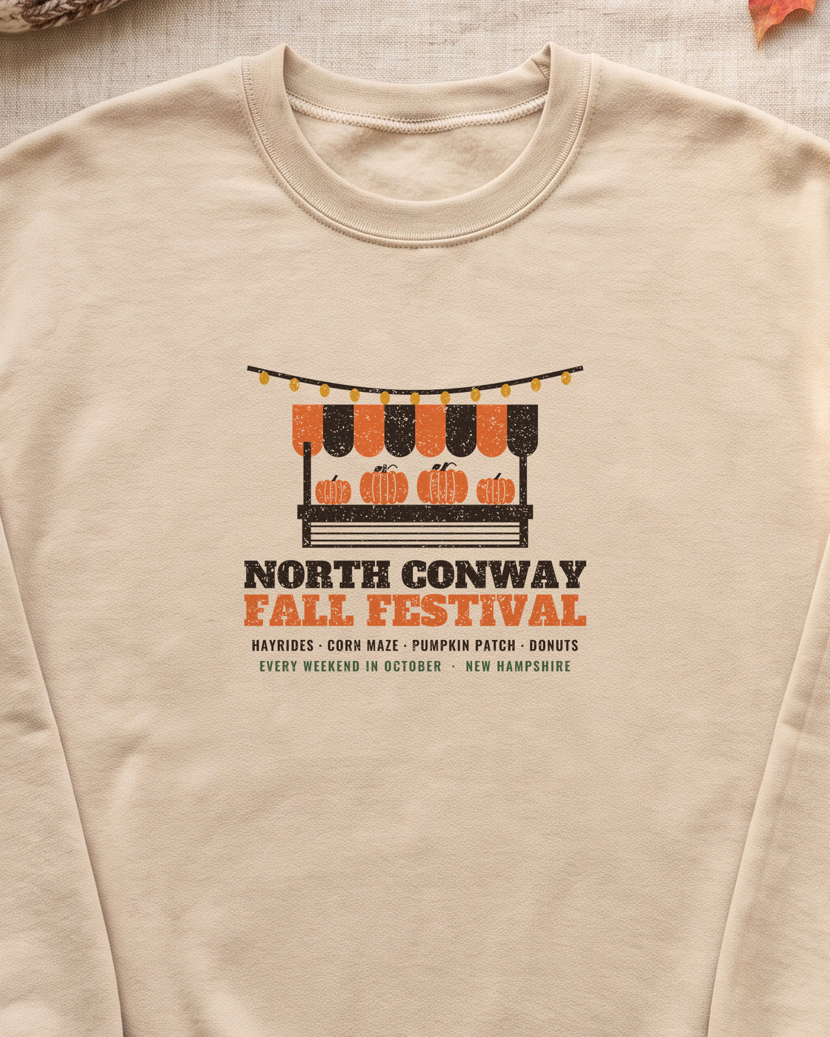 North Conway New Hampshire Fall Festival Farm Stand Crewneck Sweatshirt (close-up)