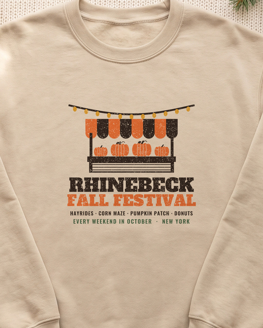 Rhinebeck New York Fall Festival Farm Stand Crewneck Sweatshirt (close-up)