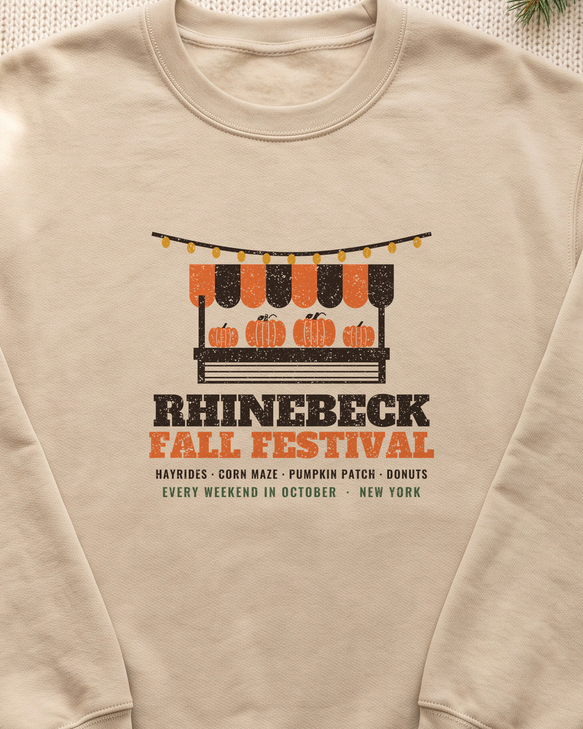 Rhinebeck New York Fall Festival Farm Stand Crewneck Sweatshirt (close-up)