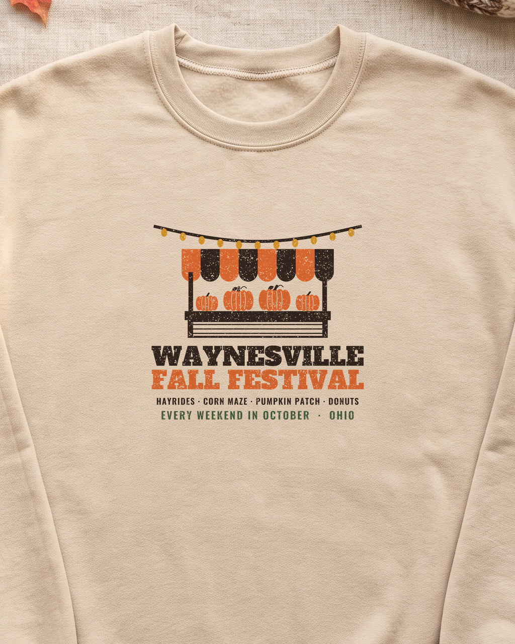 Waynesville Ohio Fall Festival Farm Stand Crewneck Sweatshirt (close-up)