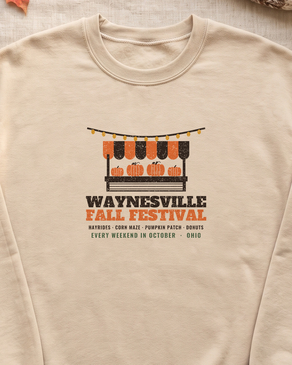 Waynesville Ohio Fall Festival Farm Stand Crewneck Sweatshirt (close-up)