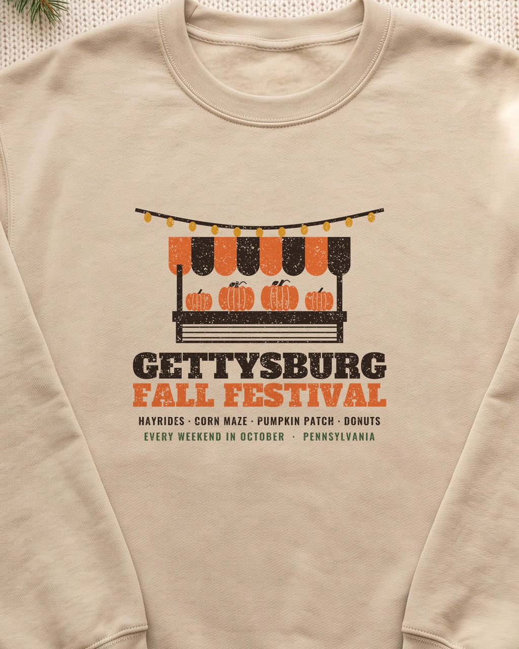 Gettysburg Pennsylvania Fall Festival Farm Stand Crewneck Sweatshirt (close-up)