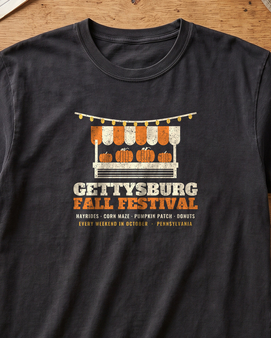 Gettysburg Pennsylvania Fall Festival Farm Stand T-Shirt (close-up)
