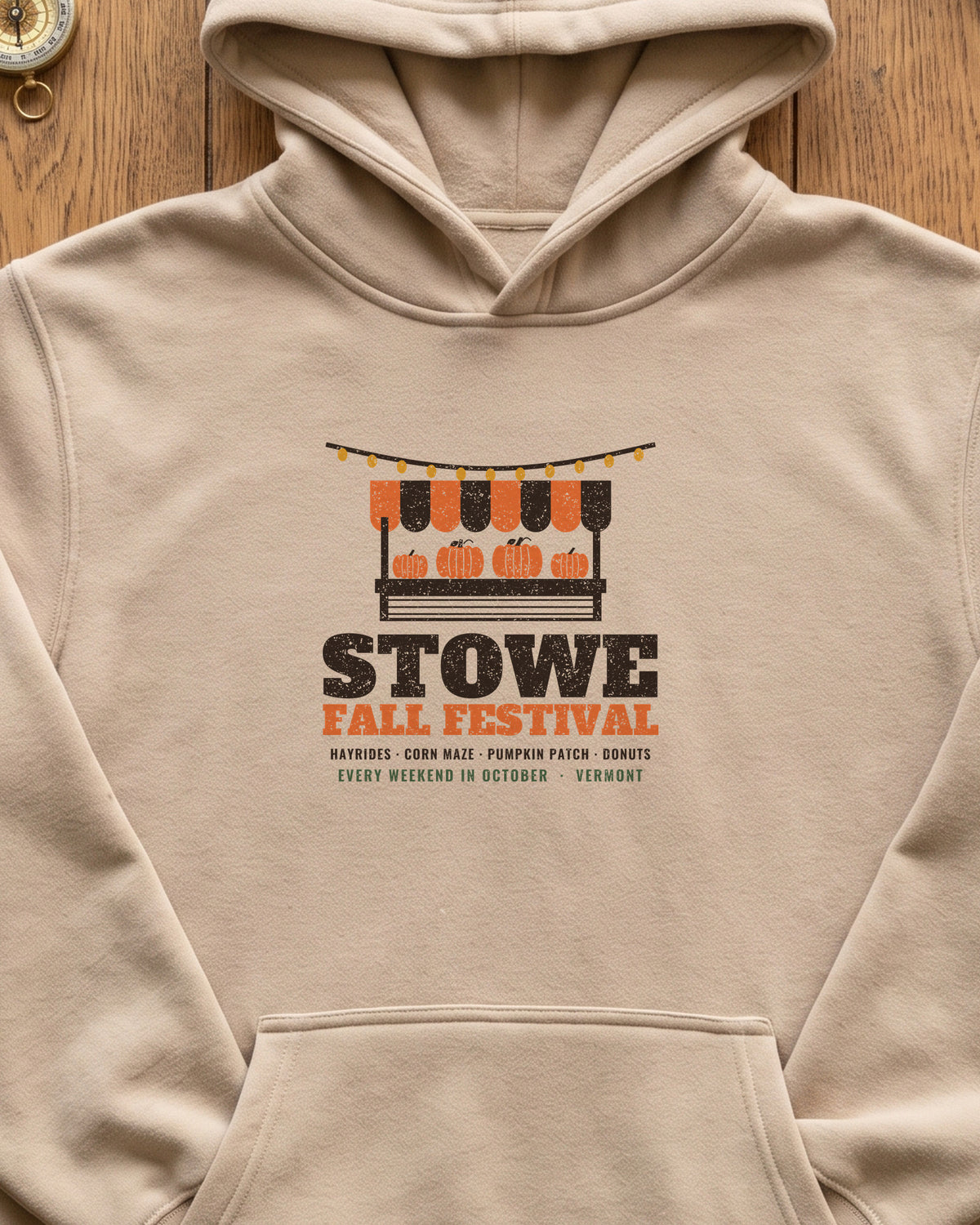 Stowe Vermont Fall Festival Farm Stand Hoodie (close-up)