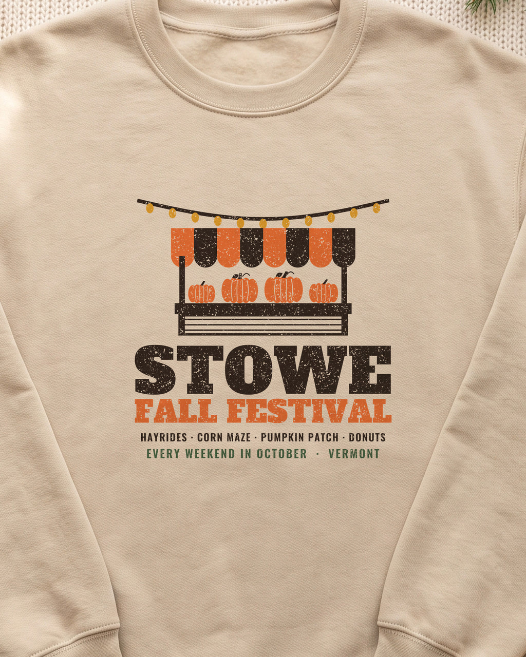 Stowe Vermont Fall Festival Farm Stand Crewneck Sweatshirt (close-up)