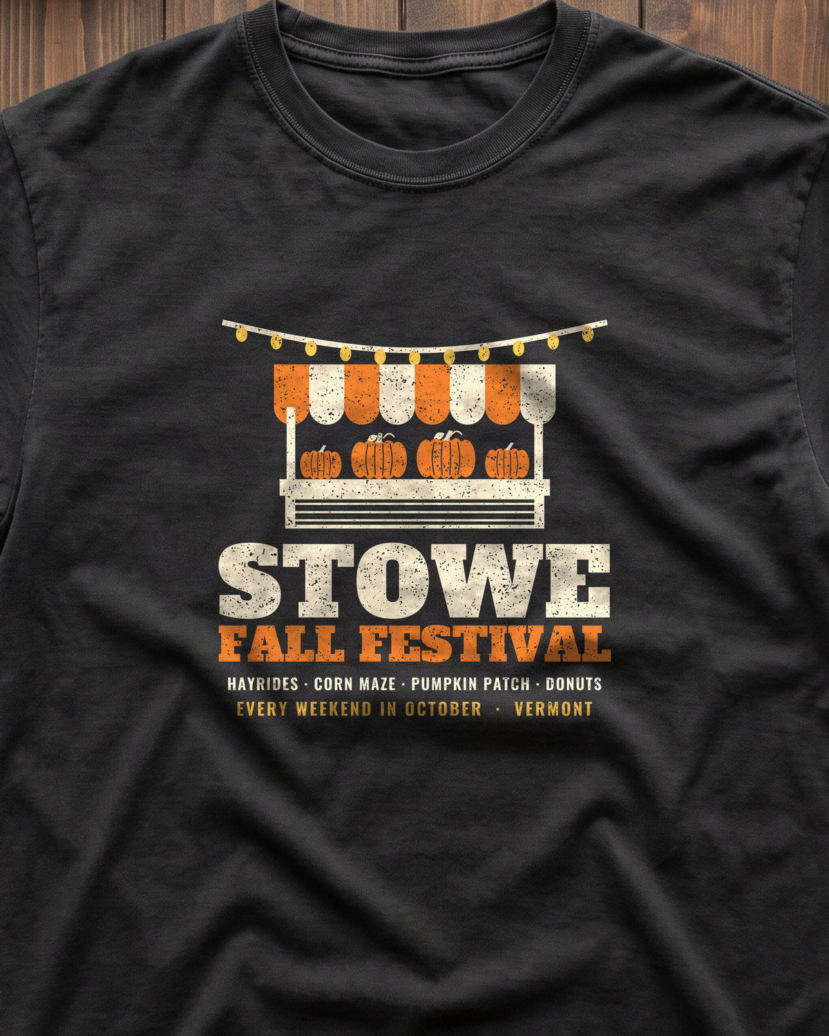 Stowe Vermont Fall Festival Farm Stand T-Shirt (close-up)