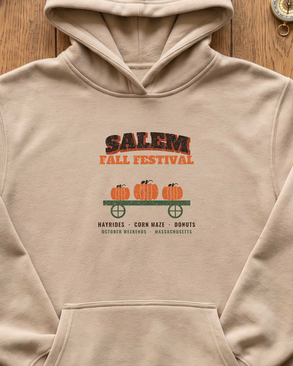 Salem Massachusetts Fall Festival Hay Wagon Hoodie (close-up)