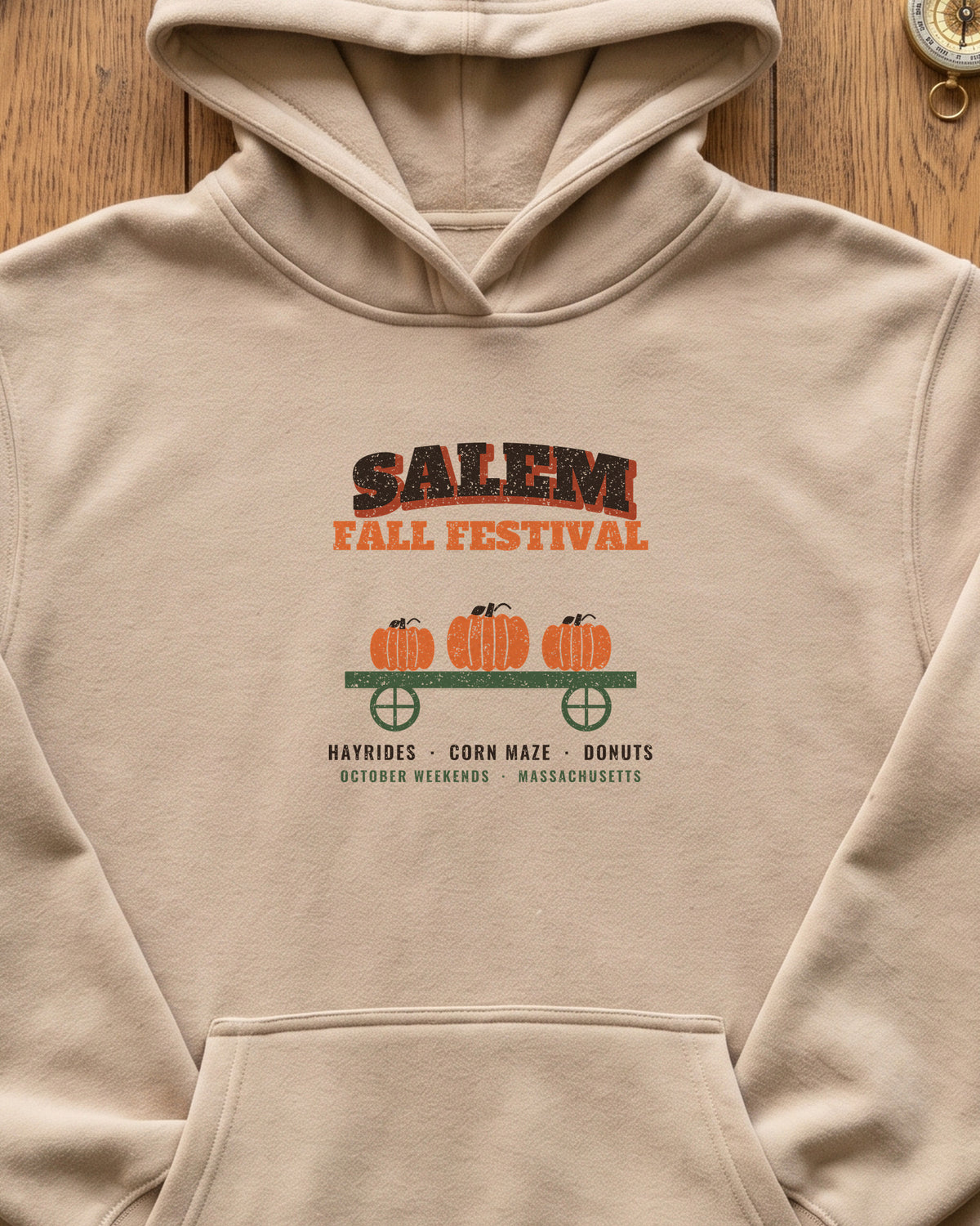 Salem Massachusetts Fall Festival Hay Wagon Hoodie (close-up)