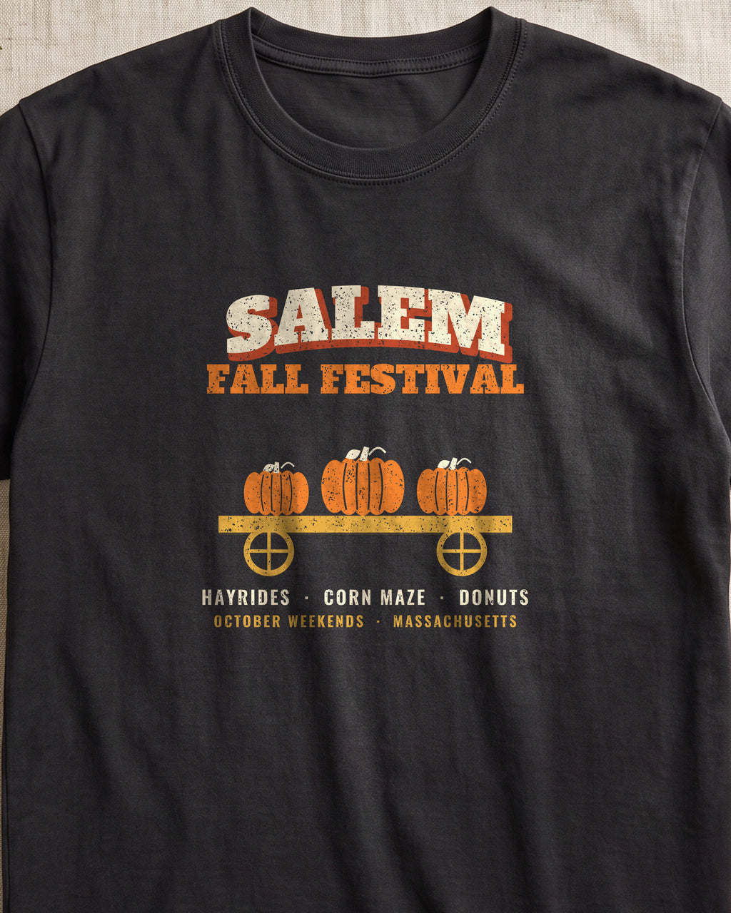 Salem Massachusetts Fall Festival Hay Wagon T-Shirt (close-up)
