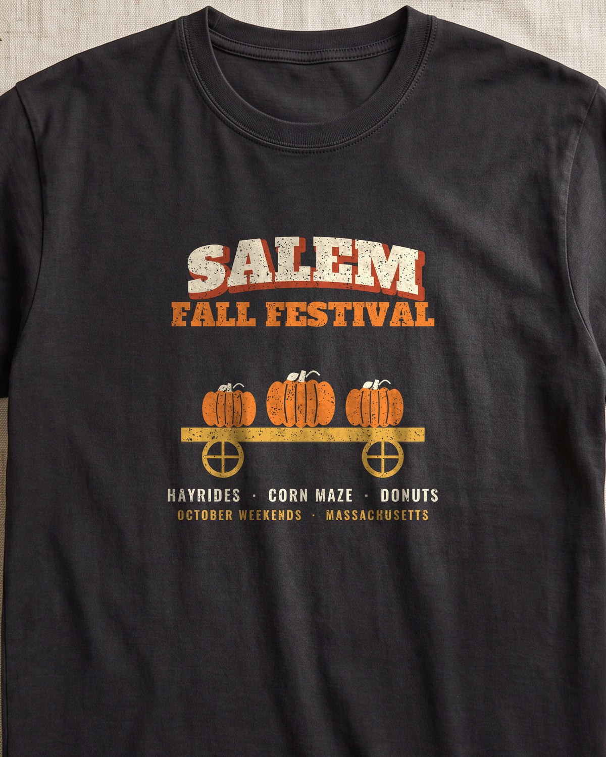 Salem Massachusetts Fall Festival Hay Wagon T-Shirt (close-up)