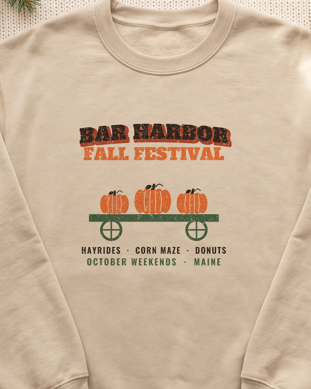 Bar Harbor Maine Fall Festival Hay Wagon Crewneck Sweatshirt (close-up)