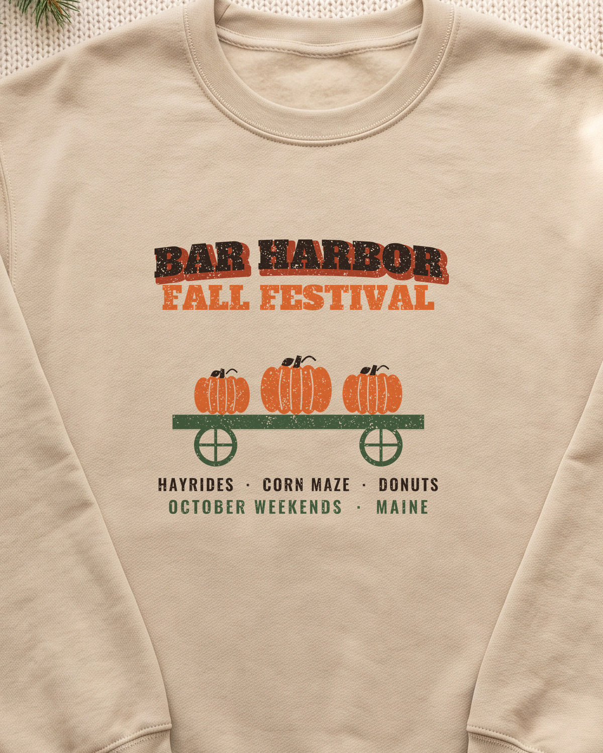 Bar Harbor Maine Fall Festival Hay Wagon Crewneck Sweatshirt (close-up)