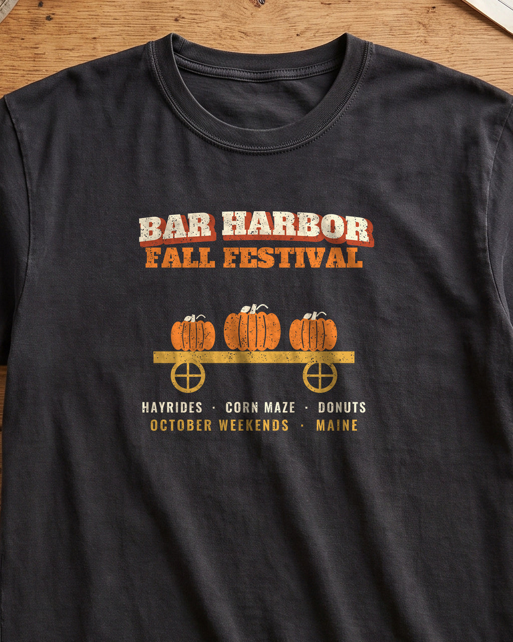 Bar Harbor Maine Fall Festival Hay Wagon T-Shirt (close-up)