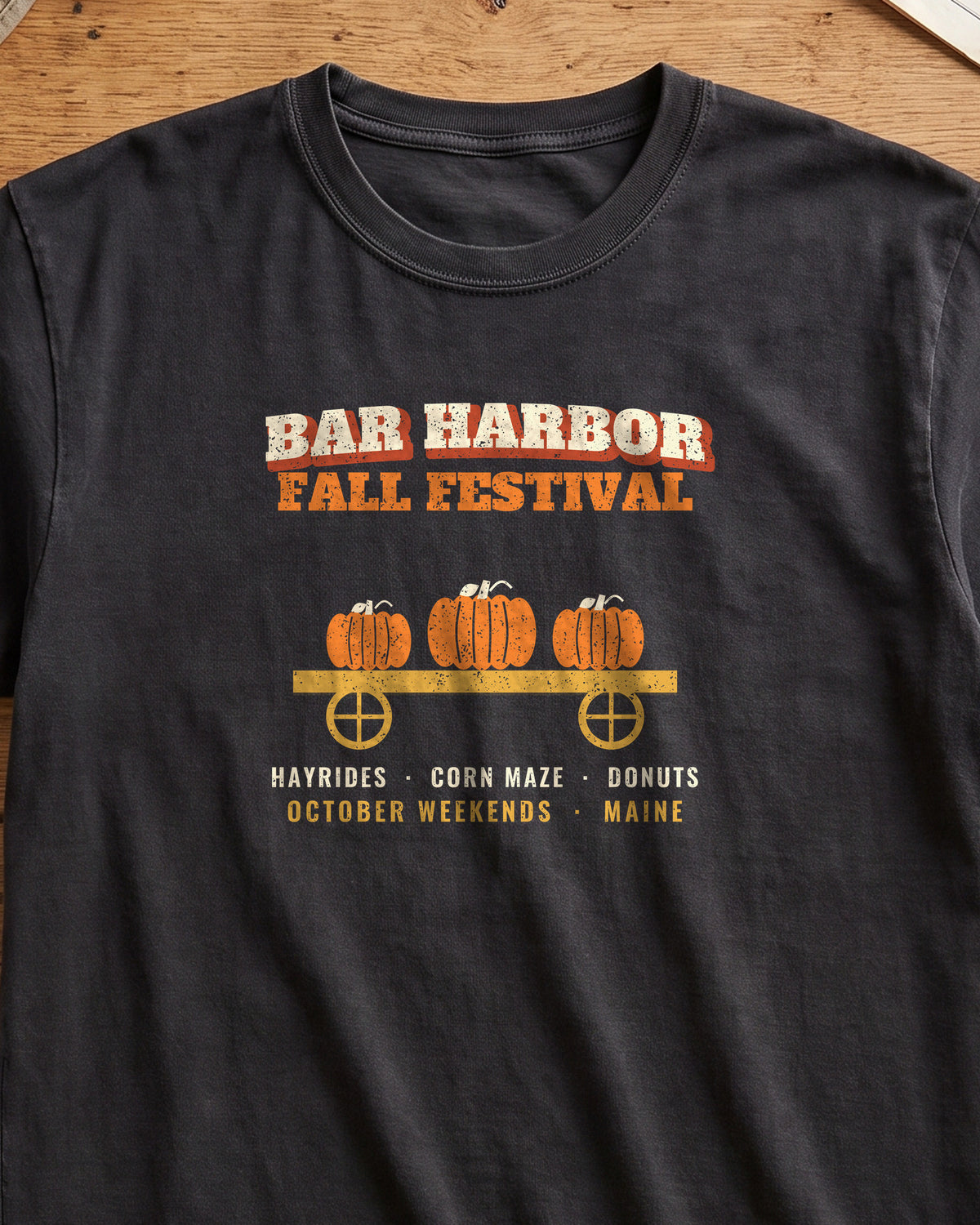 Bar Harbor Maine Fall Festival Hay Wagon T-Shirt (close-up)