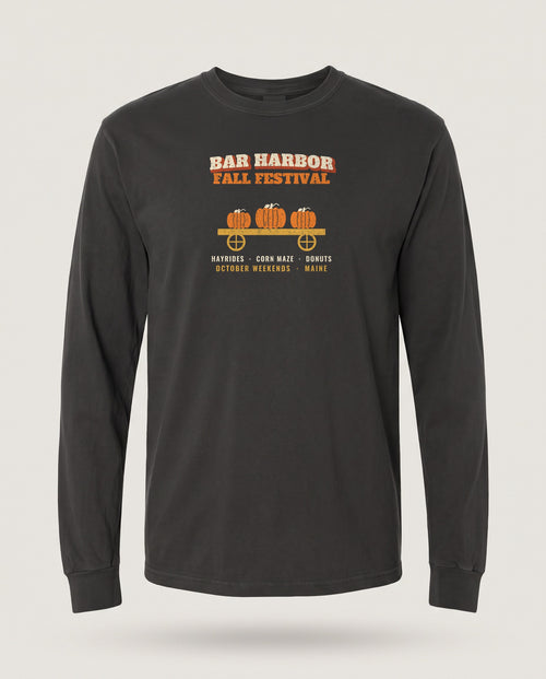 Bar Harbor Maine Fall Festival Hay Wagon Long Sleeve Tee — Black (mockup)