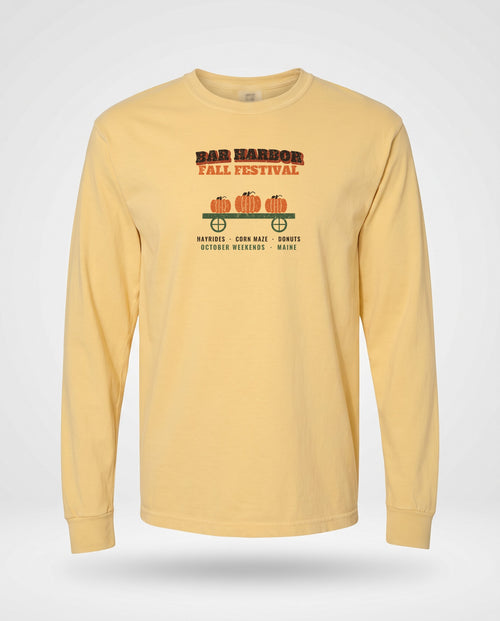 Bar Harbor Maine Fall Festival Hay Wagon Long Sleeve Tee — Butter (mockup)