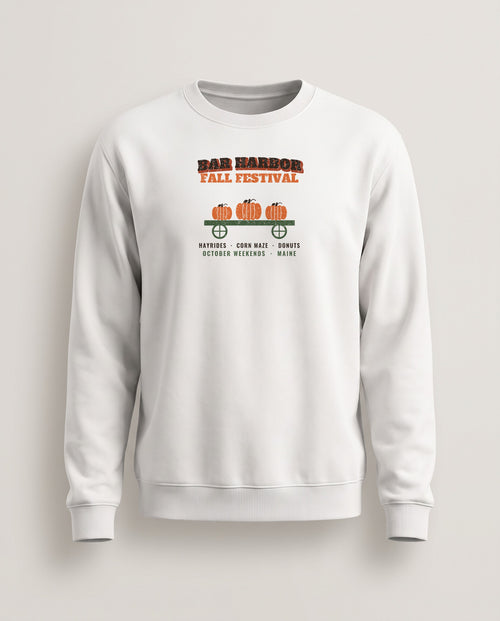 Bar Harbor Maine Fall Festival Hay Wagon Crewneck Sweatshirt — White (mockup)
