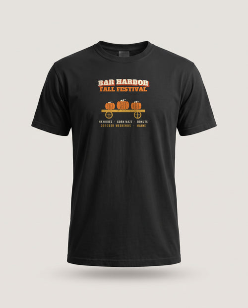 Bar Harbor Maine Fall Festival Hay Wagon T-Shirt — Black (mockup)