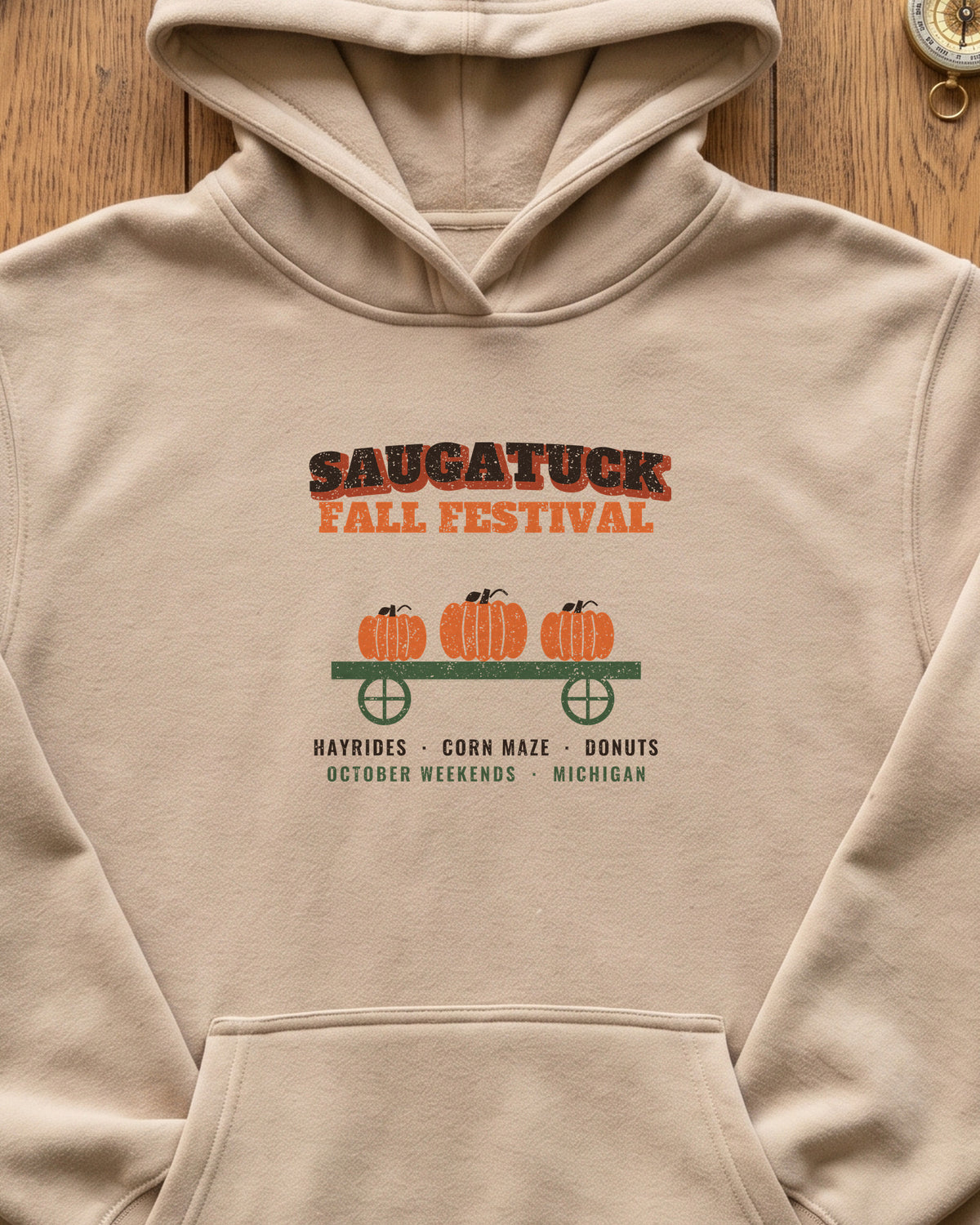 Saugatuck Michigan Fall Festival Hay Wagon Hoodie (close-up)