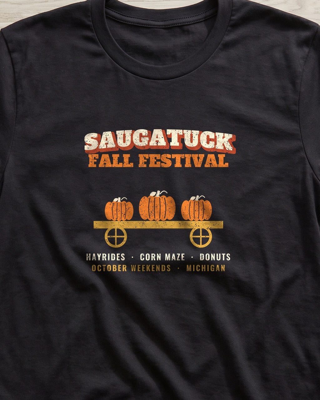 Saugatuck Michigan Fall Festival Hay Wagon T-Shirt (close-up)