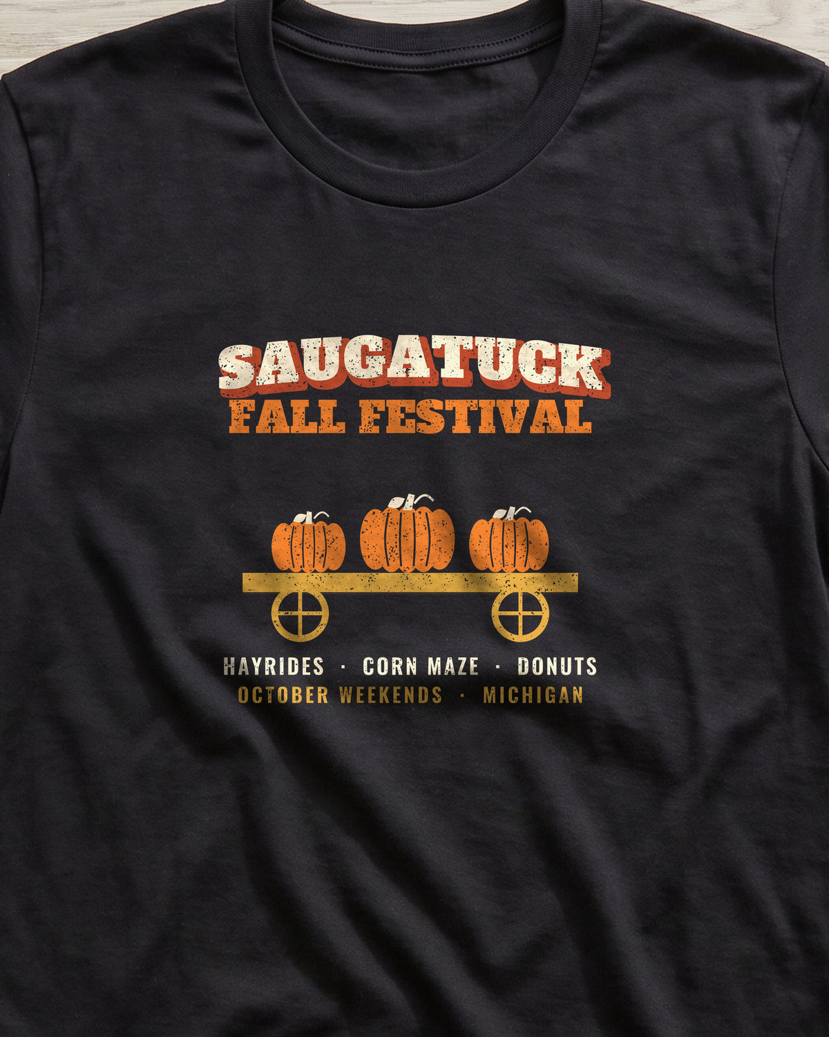 Saugatuck Michigan Fall Festival Hay Wagon T-Shirt (close-up)