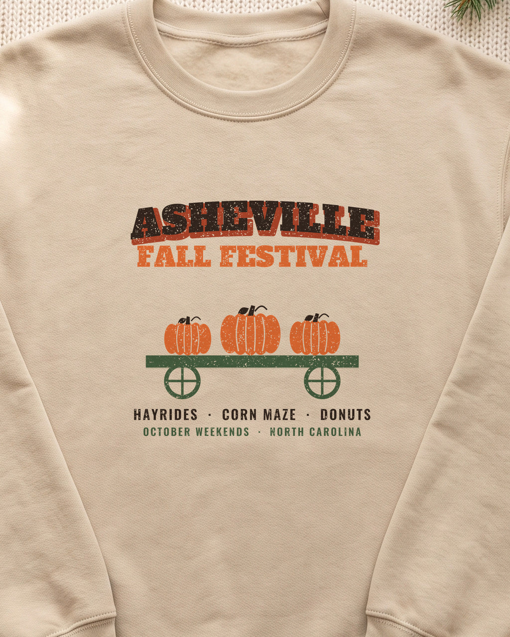 Asheville North Carolina Fall Festival Hay Wagon Crewneck Sweatshirt (close-up)