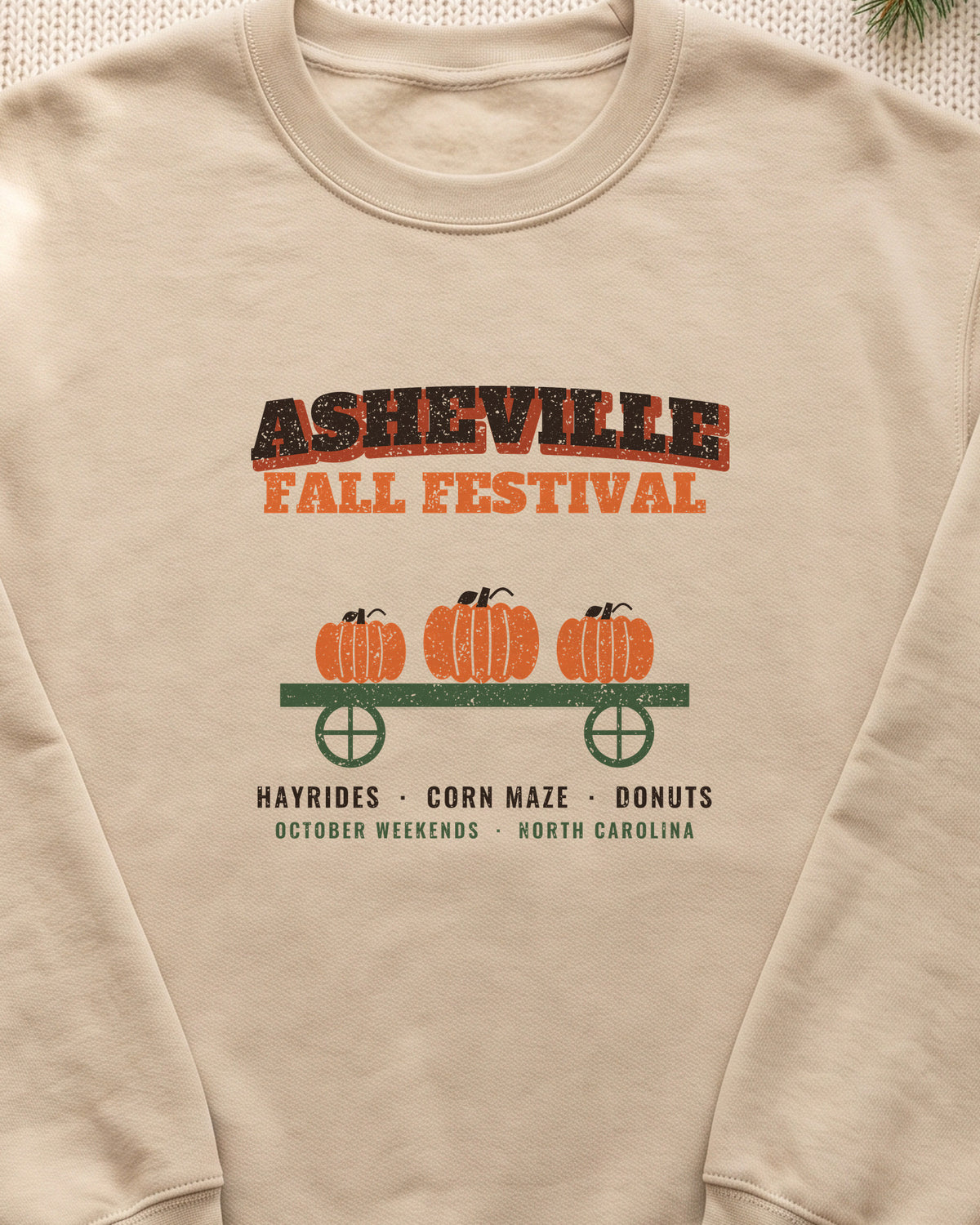 Asheville North Carolina Fall Festival Hay Wagon Crewneck Sweatshirt (close-up)
