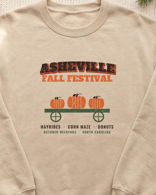 Asheville North Carolina Fall Festival Hay Wagon Crewneck Sweatshirt (close-up)