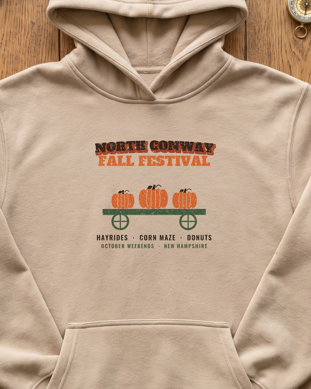 North Conway New Hampshire Fall Festival Hay Wagon Hoodie (close-up)