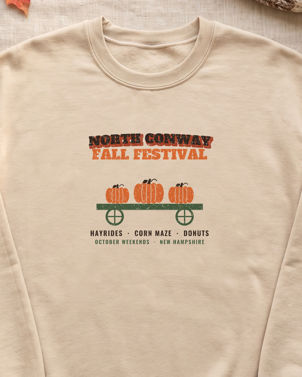 North Conway New Hampshire Fall Festival Hay Wagon Crewneck Sweatshirt (close-up)