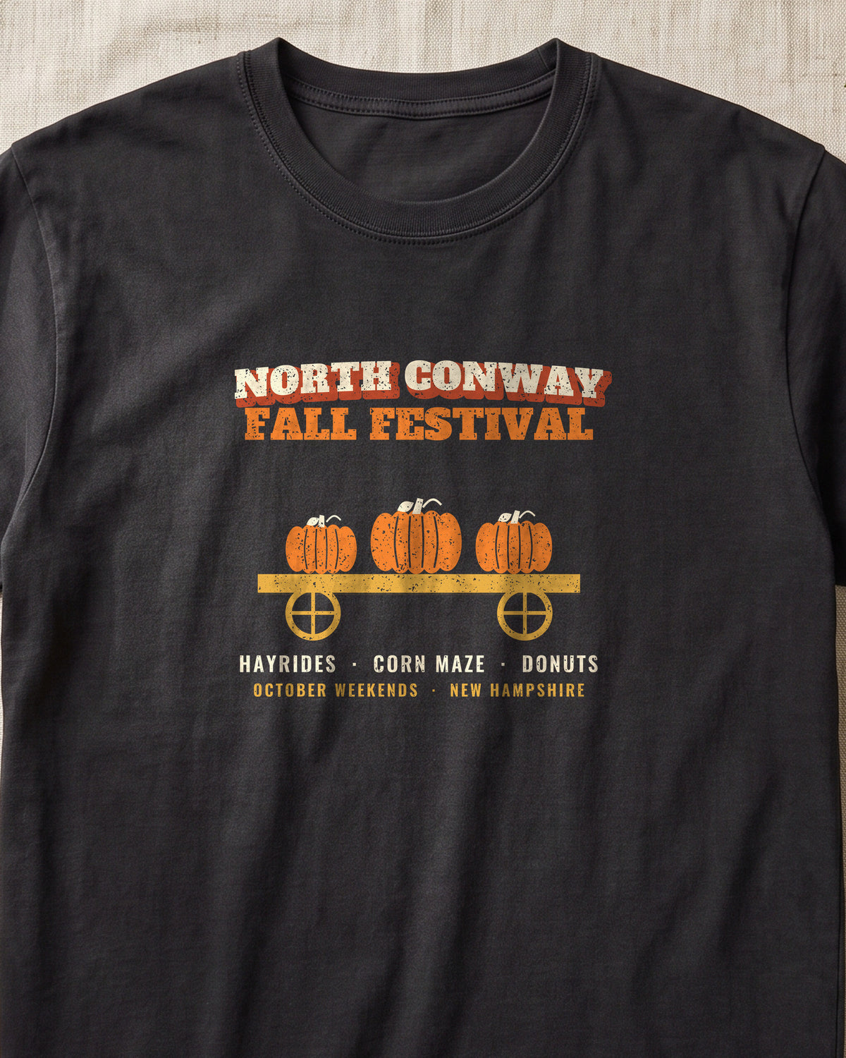 North Conway New Hampshire Fall Festival Hay Wagon T-Shirt (close-up)