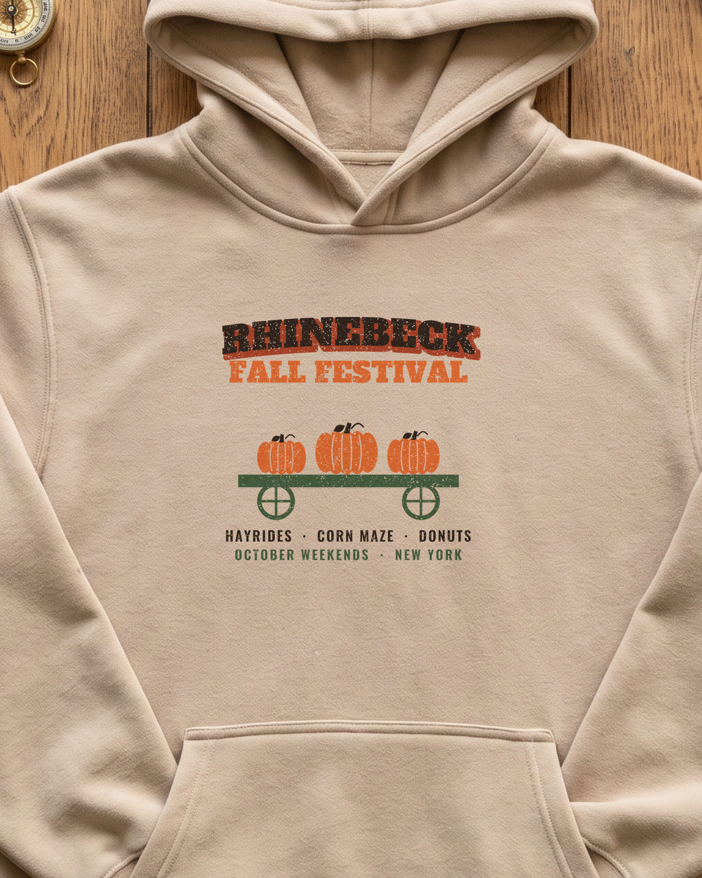 Rhinebeck New York Fall Festival Hay Wagon Hoodie (close-up)