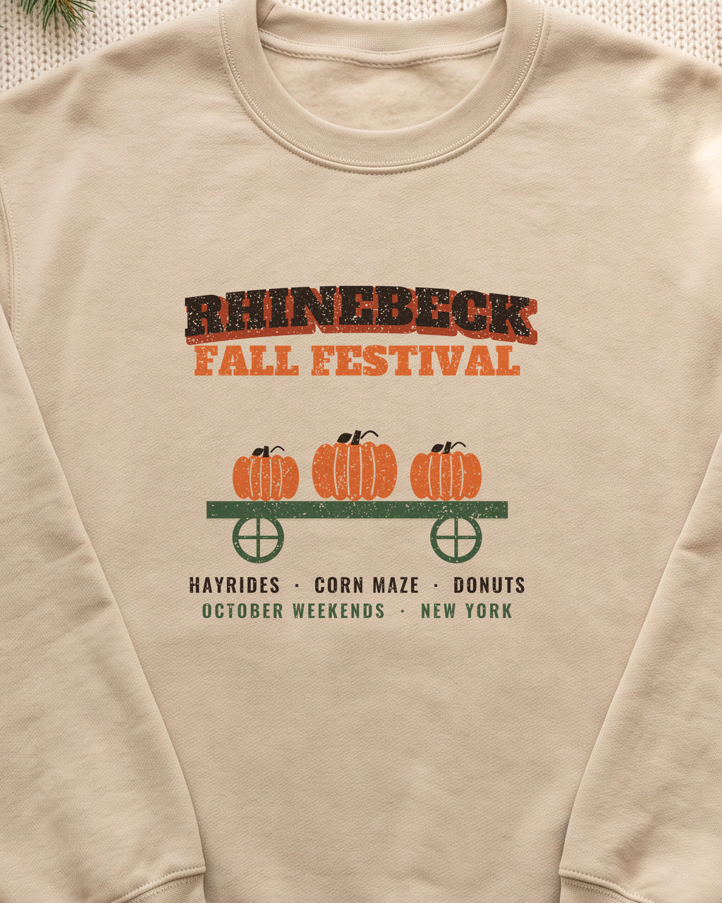 Rhinebeck New York Fall Festival Hay Wagon Crewneck Sweatshirt (close-up)