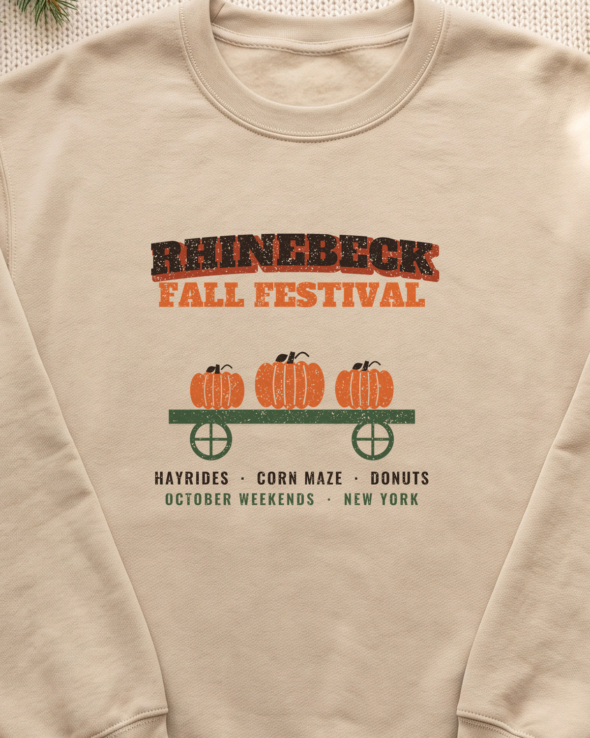 Rhinebeck New York Fall Festival Hay Wagon Crewneck Sweatshirt (close-up)