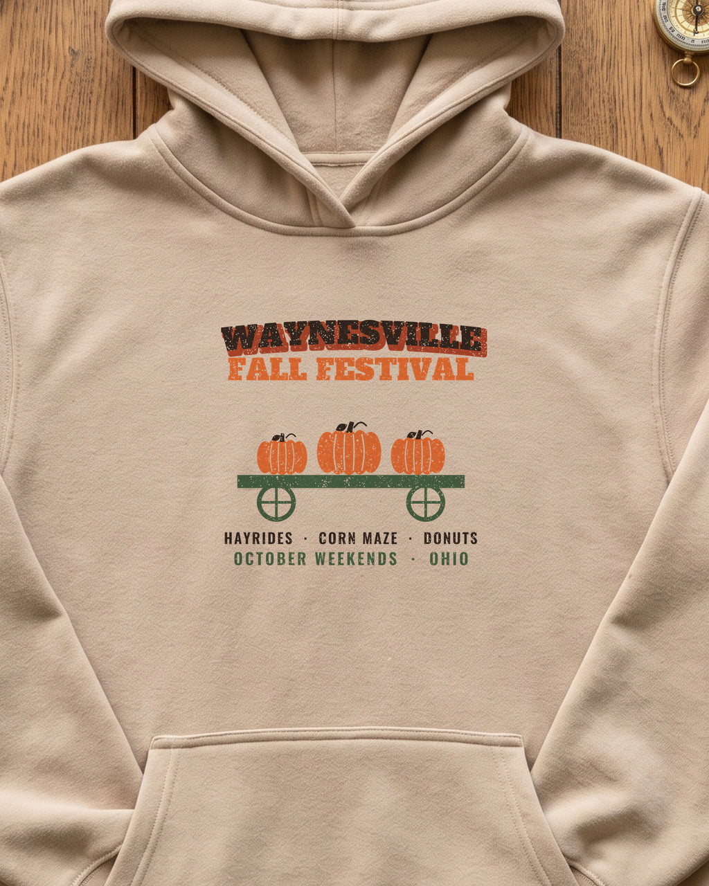 Waynesville Ohio Fall Festival Hay Wagon Hoodie (close-up)