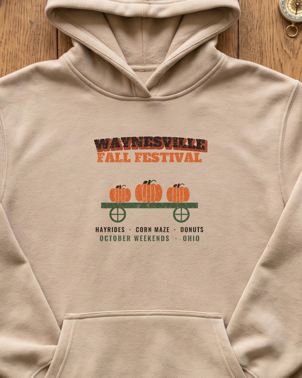 Waynesville Ohio Fall Festival Hay Wagon Hoodie (close-up)