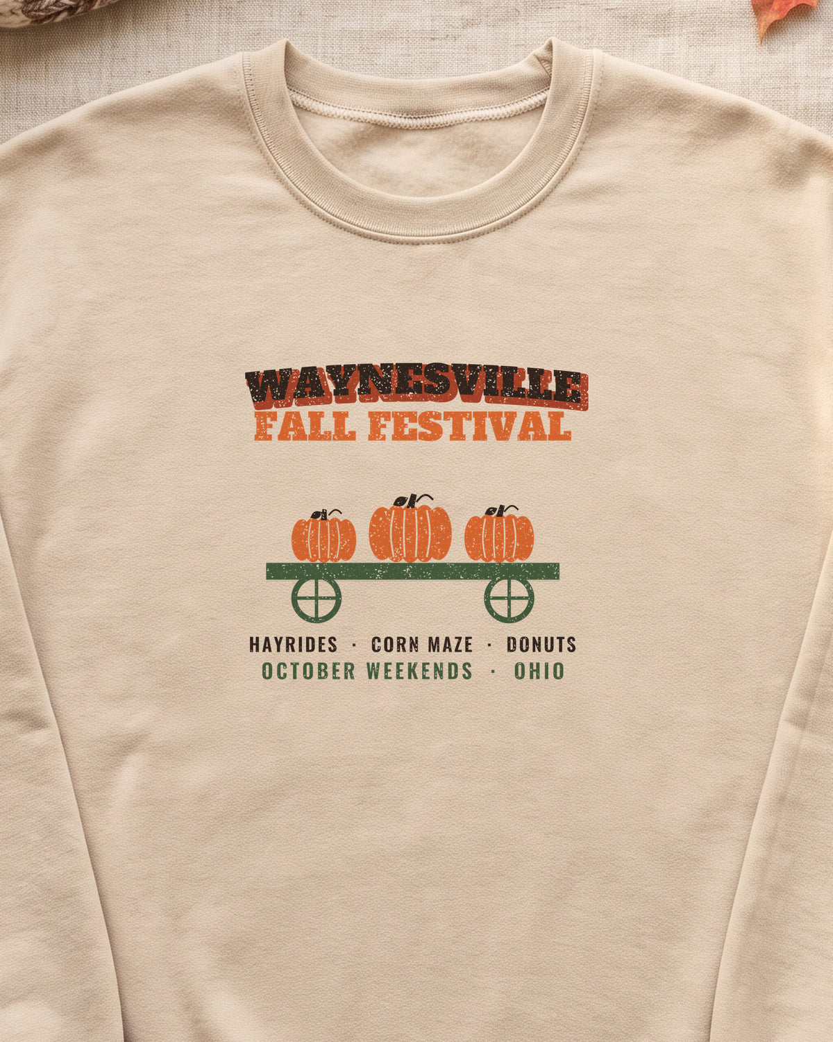 Waynesville Ohio Fall Festival Hay Wagon Crewneck Sweatshirt (close-up)