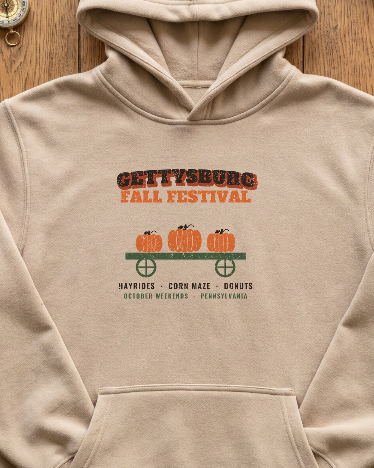 Gettysburg Pennsylvania Fall Festival Hay Wagon Hoodie (close-up)