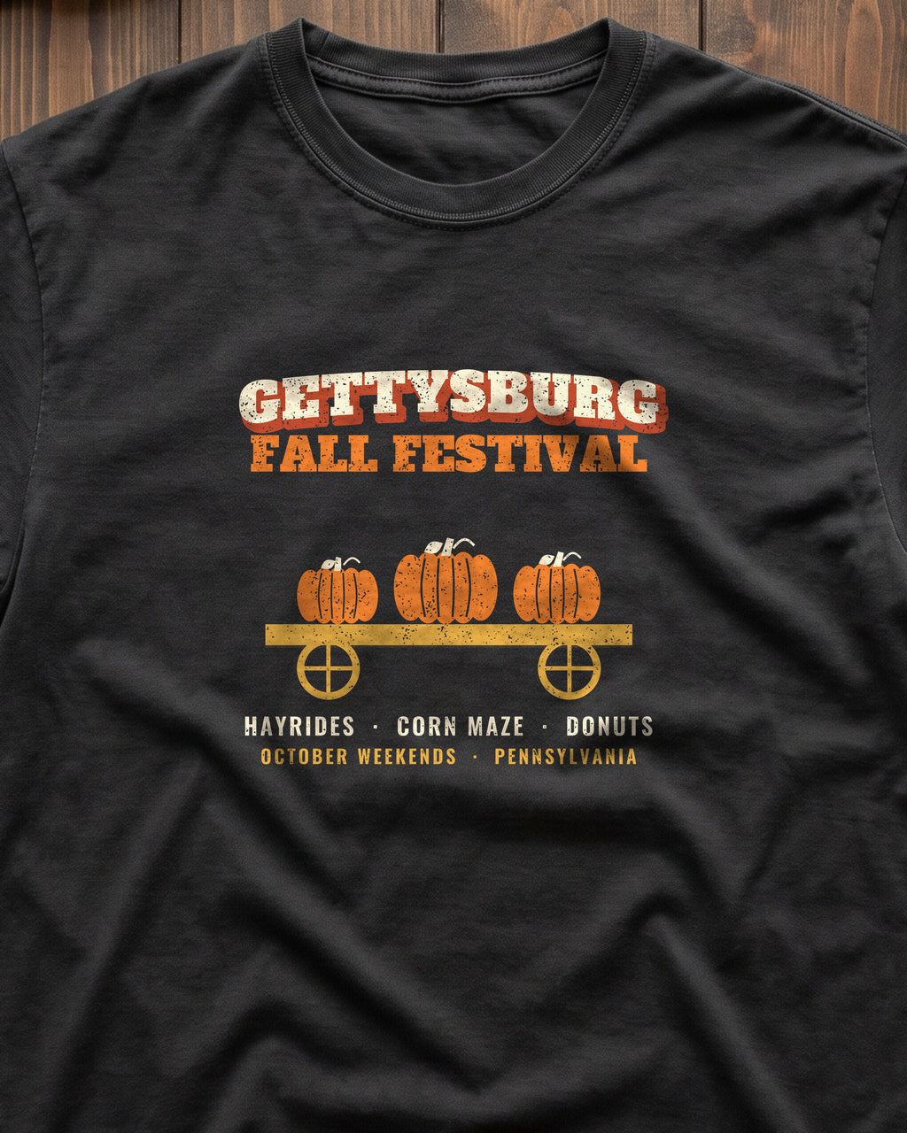 Gettysburg Pennsylvania Fall Festival Hay Wagon T-Shirt (close-up)