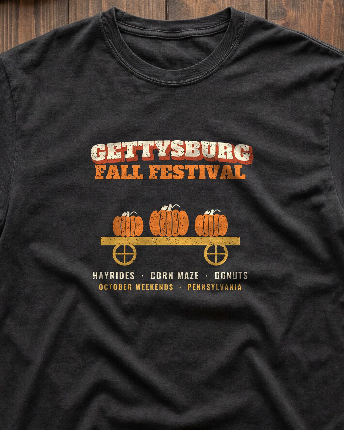 Gettysburg Pennsylvania Fall Festival Hay Wagon T-Shirt (close-up)