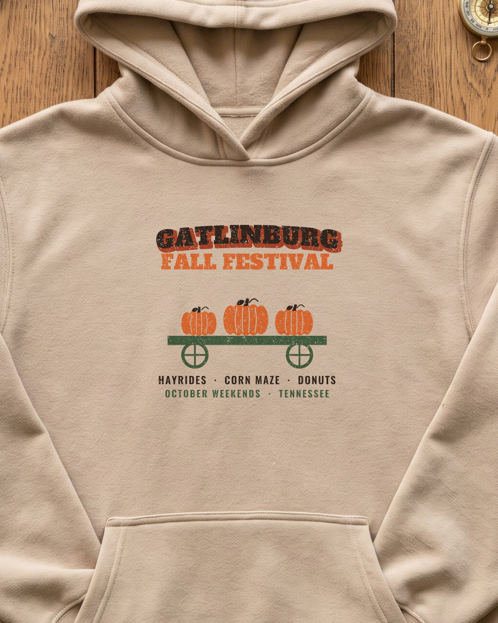 Gatlinburg Tennessee Fall Festival Hay Wagon Hoodie (close-up)