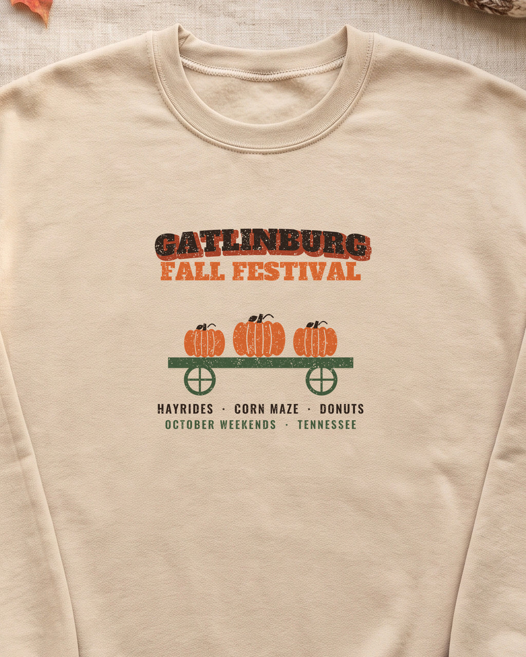 Gatlinburg Tennessee Fall Festival Hay Wagon Crewneck Sweatshirt (close-up)
