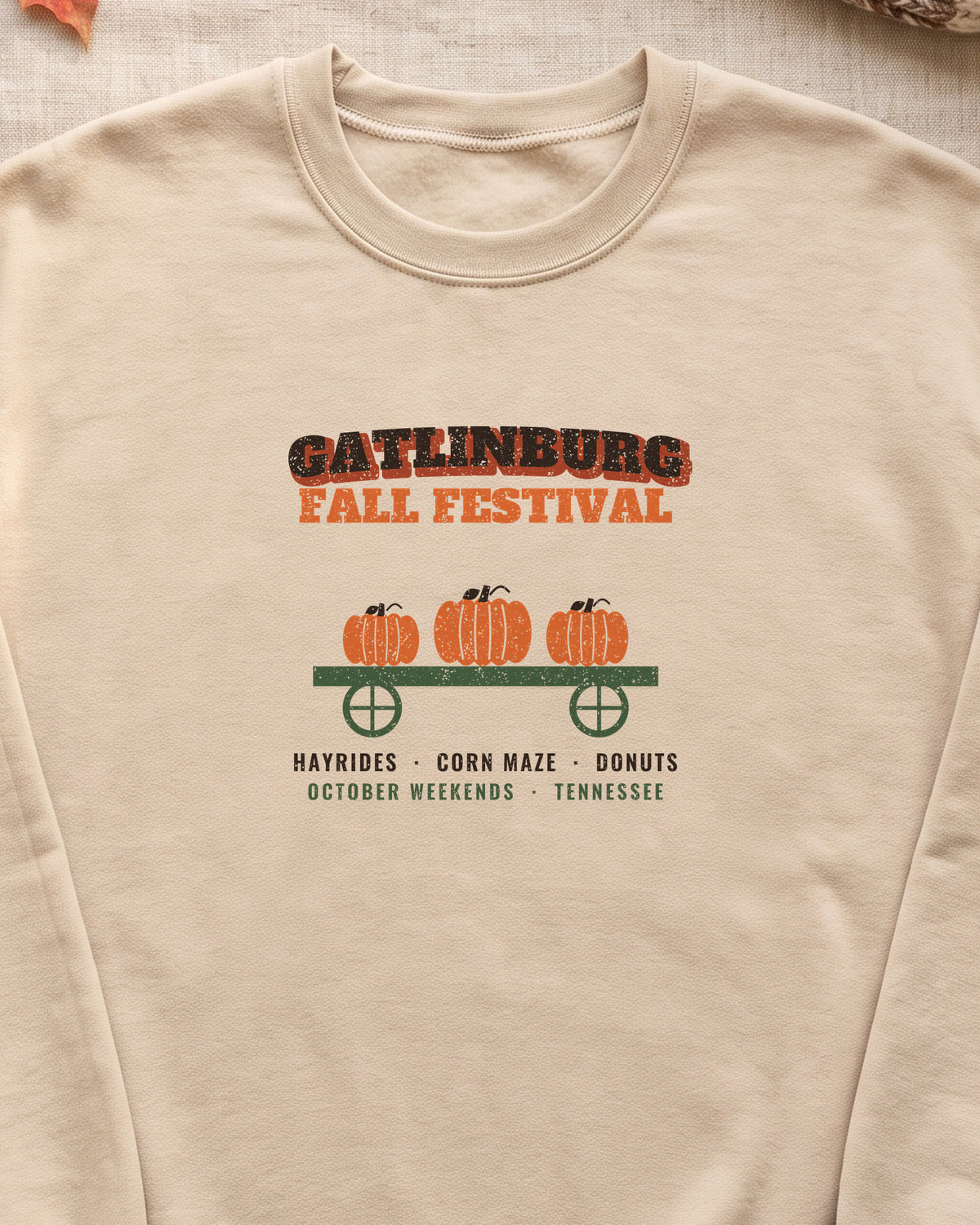 Gatlinburg Tennessee Fall Festival Hay Wagon Crewneck Sweatshirt (close-up)