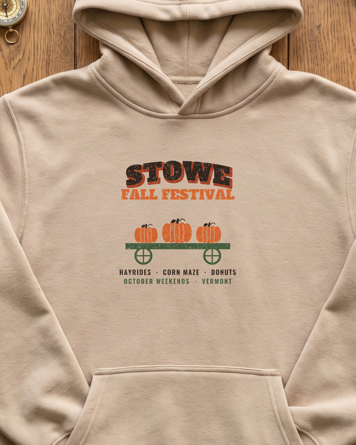 Stowe Vermont Fall Festival Hay Wagon Hoodie (close-up)